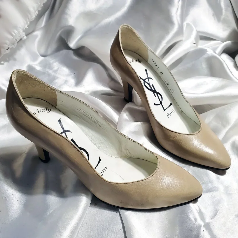 Vintage YSL beige tan thick high heel leather pumps SZ 5.5 - Picture 1 of 5